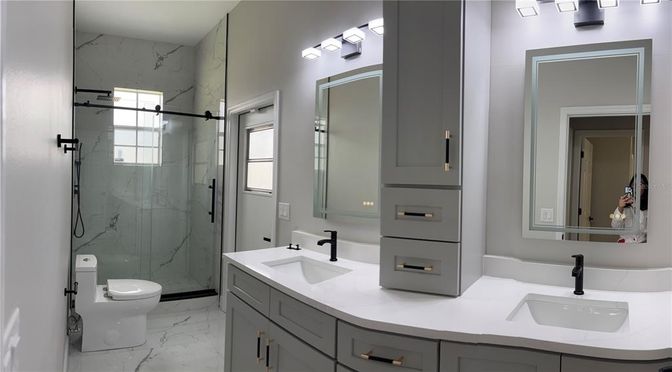 Bathroom, Dual Sink Vanities, Glass Shower, Interior, Marble, Marble Walls