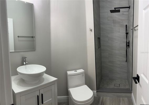 Bathroom, Glass Shower, Interior, Wood Texture Flooring