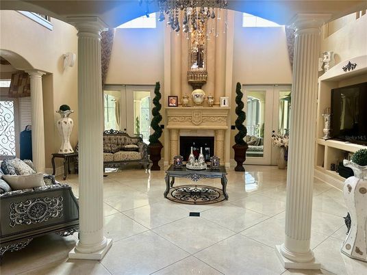 Chandelier, Fireplace, Interior