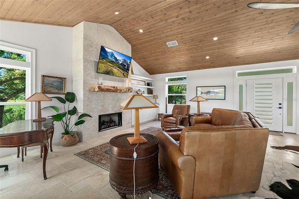 Fireplace, Interior, Living room, Recessed Lighting, Wooden Ceilings