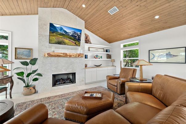 Fireplace, Interior, Living room, Recessed Lighting, Wooden Ceilings