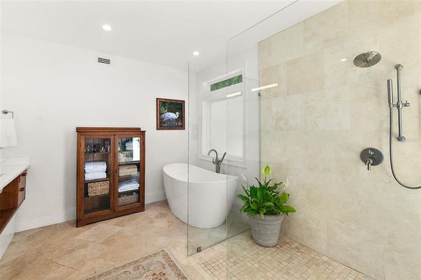 Bathroom, Free Standing Baths, Glass Shower, Interior, Recessed Lighting