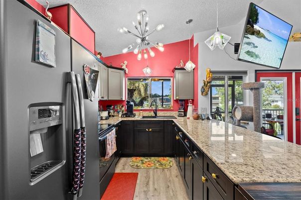 Interior, Kitchen, Pendant Lights, Wood Texture Flooring