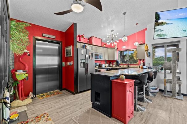 Interior, Kitchen, Pendant Lights, Stainless Steel Appliances, Wood Texture Flooring