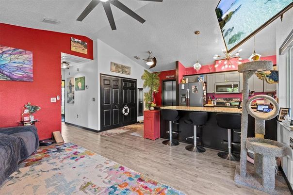 Interior, Kitchen, Pendant Lights, Stainless Steel Appliances, Wood Texture Flooring