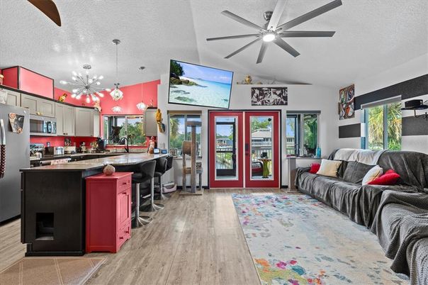 Interior, Kitchen, Living room, Pendant Lights, Wood Texture Flooring