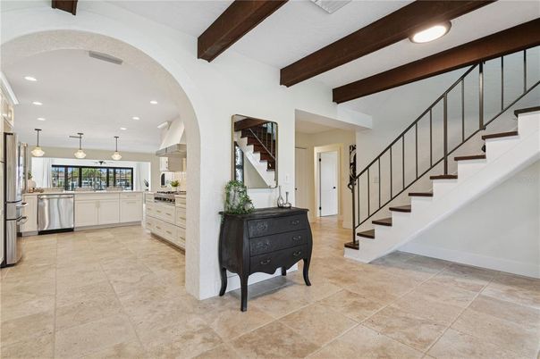 Interior, Kitchen, Pendant Lights, Recessed Lighting, Stainless Steel Appliances, Wooden Beams