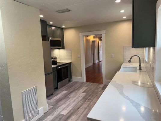 Interior, Kitchen, Recessed Lighting, Wood Texture Flooring