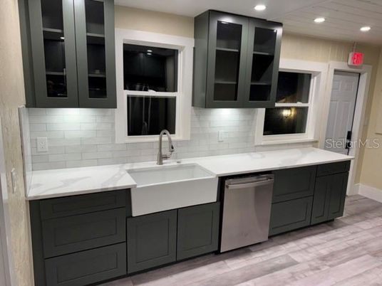 Interior, Kitchen, Recessed Lighting, Stainless Steel Appliances, Wooden Ceilings, Wood Texture Flooring