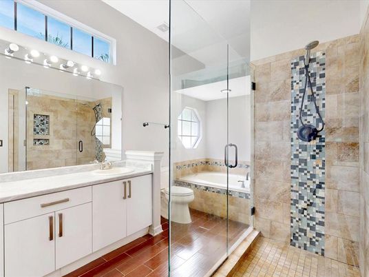 Bathroom, Dual Sink Vanities, Glass Shower, Interior, Wood Texture Flooring