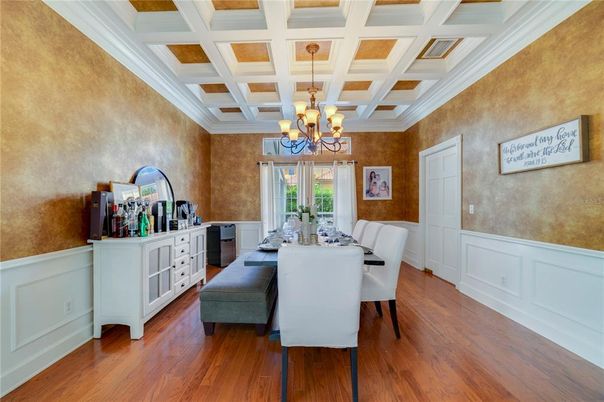 Chandelier, Dining room, Interior, Wood Texture Flooring