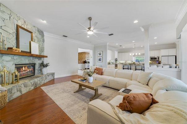Fireplace, Interior, Kitchen, Living room, Pendant Lights, Recessed Lighting, Stone Walls, Wood Texture Flooring