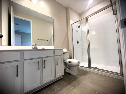 Bathroom, Glass Shower, Interior, Wood Texture Flooring