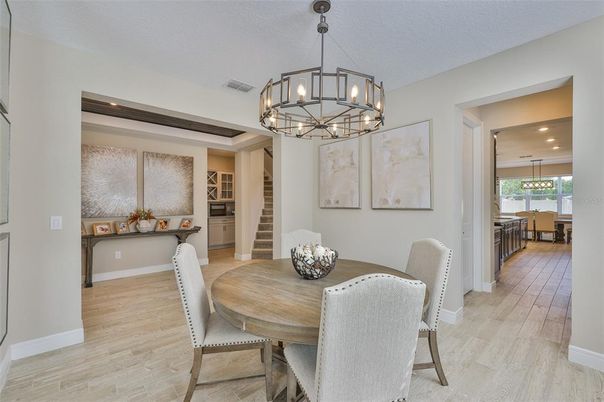 Chandelier, Dining room, Interior, Pendant Lights, Recessed Lighting, Wood Texture Flooring