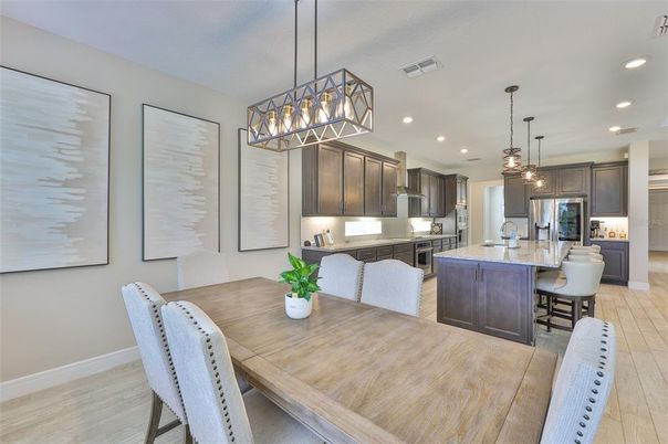 Dining room, Interior, Kitchen, Pendant Lights, Recessed Lighting, Wood Texture Flooring