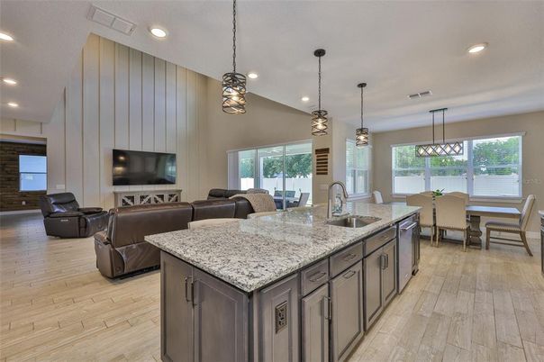 Dining room, Interior, Kitchen, Living room, Pendant Lights, Recessed Lighting, Wood Texture Flooring