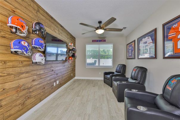 Home Theatre Room, Interior, Wood Texture Flooring, Wooden Walls
