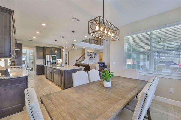 Chandelier, Dining room, Interior, Kitchen, Pendant Lights, Recessed Lighting, Wood Texture Flooring