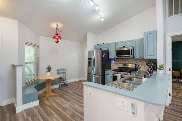Interior, Kitchen, Stainless Steel Appliances, Wood Texture Flooring