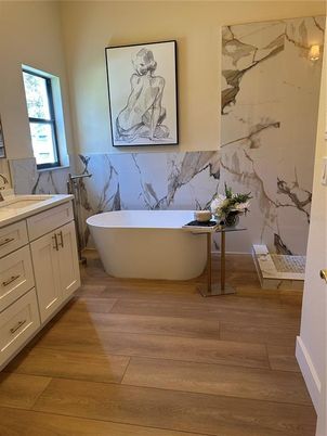 Bathroom, Free Standing Baths, Interior, Marble Walls, Wood Texture Flooring