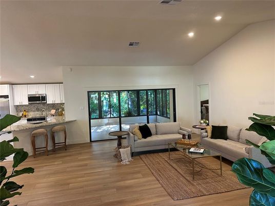 Interior, Kitchen, Living room, Recessed Lighting, Stainless Steel Appliances, Wood Texture Flooring