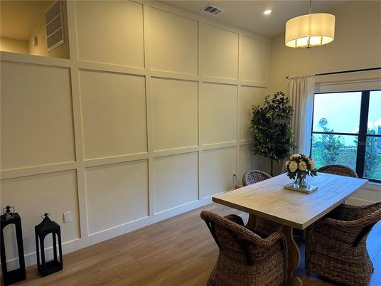 Dining room, Interior, Pendant Lights, Recessed Lighting, Wood Texture Flooring