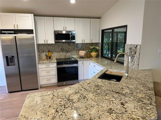Interior, Kitchen, Recessed Lighting, Stainless Steel Appliances, Wood Texture Flooring