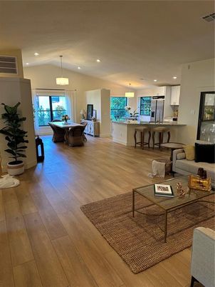 Chandelier, Interior, Kitchen, Living room, Pendant Lights, Recessed Lighting, Wood Texture Flooring