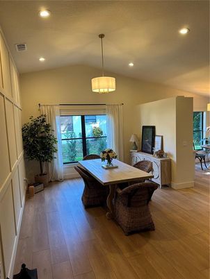 Dining room, Interior, Pendant Lights, Recessed Lighting, Wood Texture Flooring
