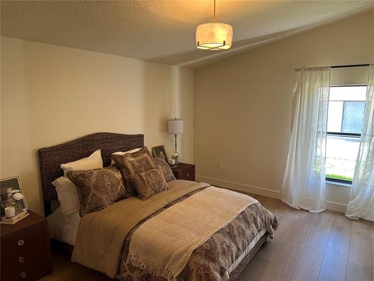 Bedroom, Interior, Pendant Lights, Wood Texture Flooring