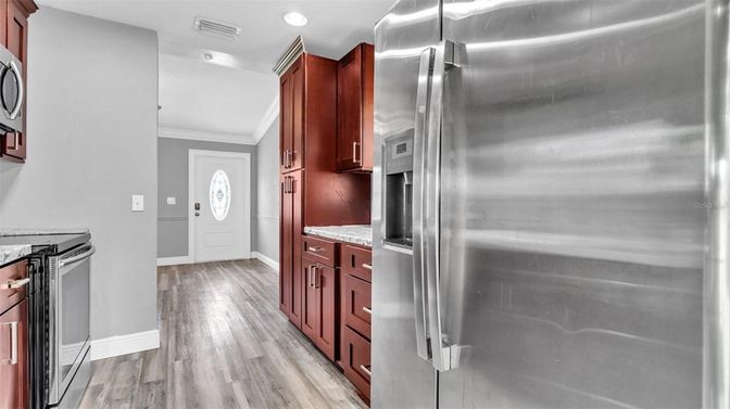 Interior, Kitchen, Recessed Lighting, Stainless Steel Appliances, Wood Texture Flooring