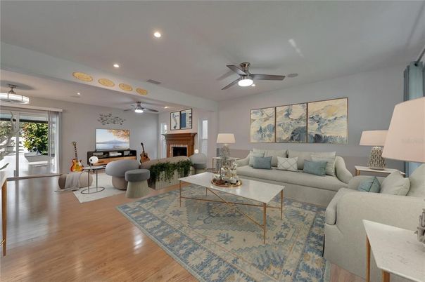 Dining room, Fireplace, Interior, Living room, Recessed Lighting, Wood Texture Flooring