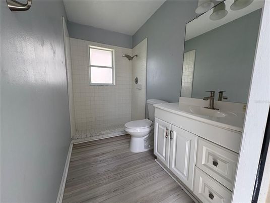 Bathroom, Glass Shower, Interior, Wood Texture Flooring