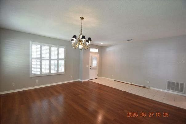 Chandelier, Empty room, Interior, Recessed Lighting, Wood Texture Flooring