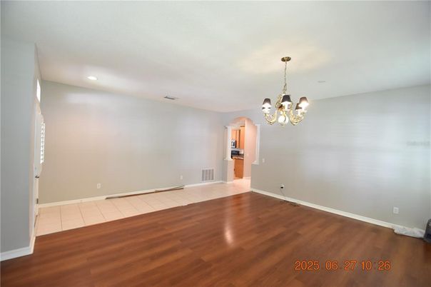 Chandelier, Empty room, Interior, Recessed Lighting, Wood Texture Flooring