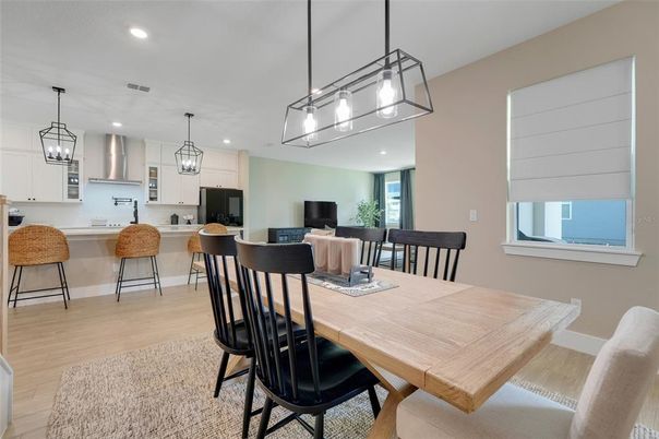 Dining room, Interior, Kitchen, Pendant Lights, Recessed Lighting, Wood Texture Flooring