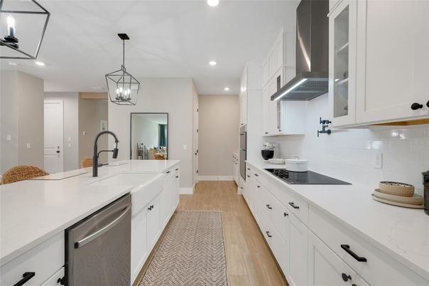 Interior, Kitchen, Pendant Lights, Recessed Lighting, Stainless Steel Appliances, Wood Texture Flooring