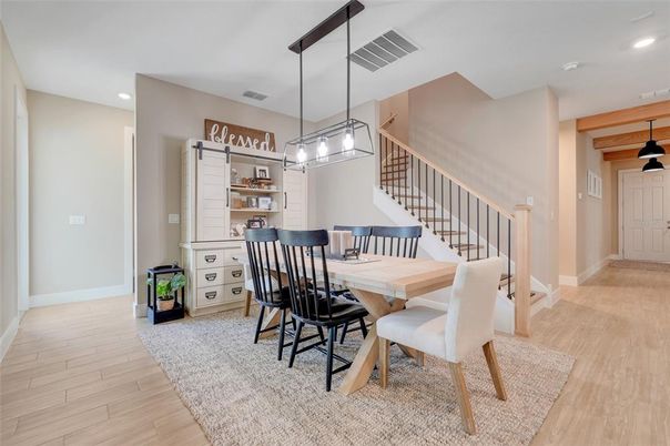 Dining room, Interior, Pendant Lights, Recessed Lighting, Wood Texture Flooring