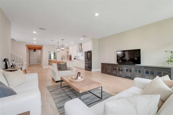 Interior, Kitchen, Living room, Pendant Lights, Recessed Lighting, Stainless Steel Appliances, Wood Texture Flooring
