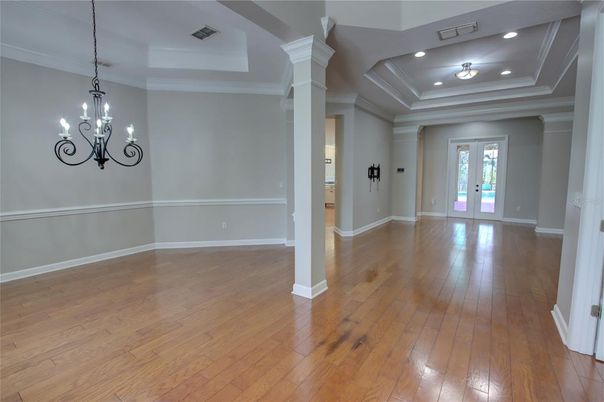 Chandelier, Empty room, Interior, Recessed Lighting, Wood Texture Flooring