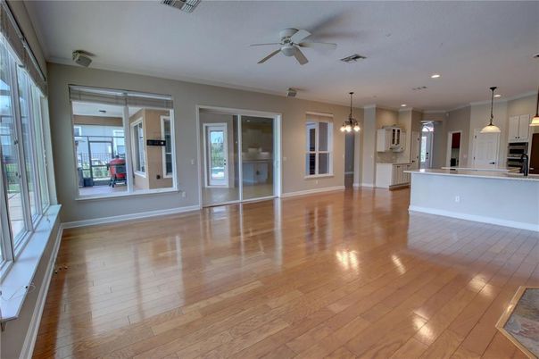 Empty room, Interior, Kitchen, Pendant Lights, Recessed Lighting, Wood Texture Flooring