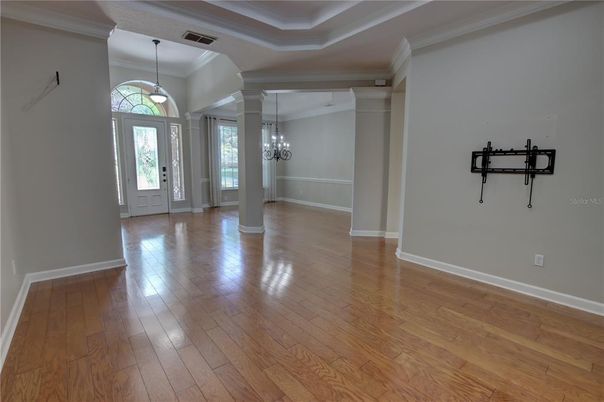 Chandelier, Empty room, Interior, Pendant Lights, Wood Texture Flooring