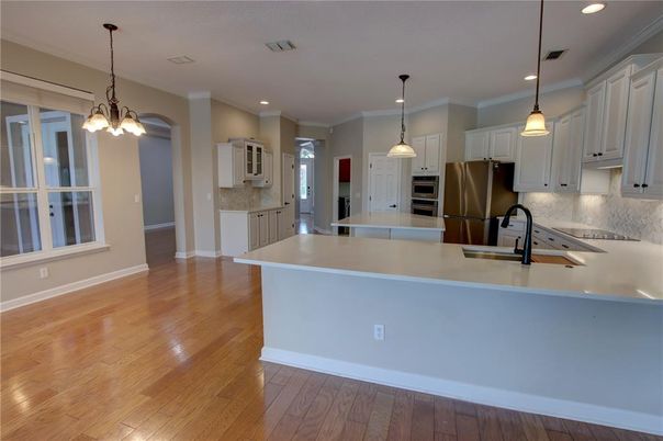 Interior, Kitchen, Pendant Lights, Recessed Lighting, Stainless Steel Appliances, Wood Texture Flooring