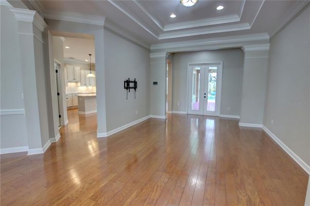 Empty room, Interior, Kitchen, Pendant Lights, Recessed Lighting, Wood Texture Flooring