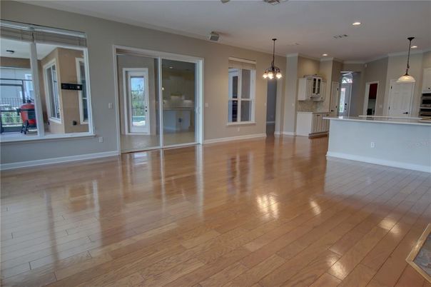 Empty room, Interior, Kitchen, Pendant Lights, Recessed Lighting, Wood Texture Flooring