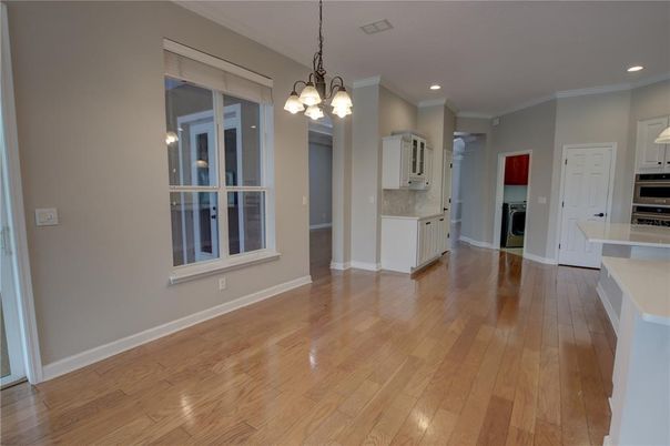 Empty room, Interior, Kitchen, Pendant Lights, Recessed Lighting, Wood Texture Flooring