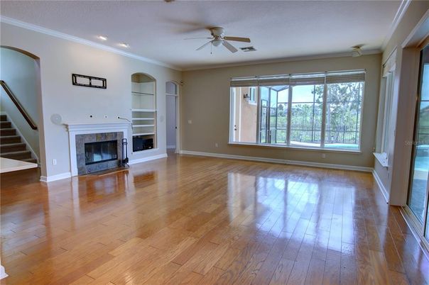 Empty room, Fireplace, Interior, Recessed Lighting, Wood Texture Flooring