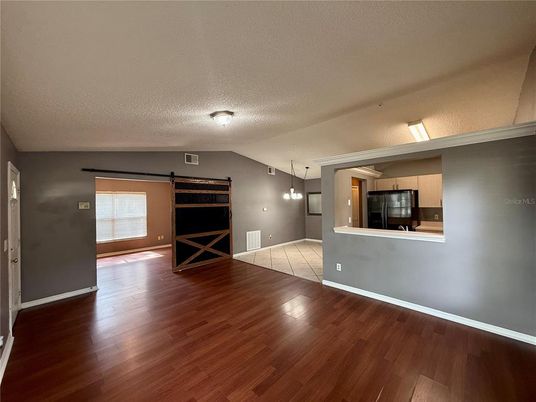 Empty room, Interior, Kitchen, Pendant Lights, Wood Texture Flooring