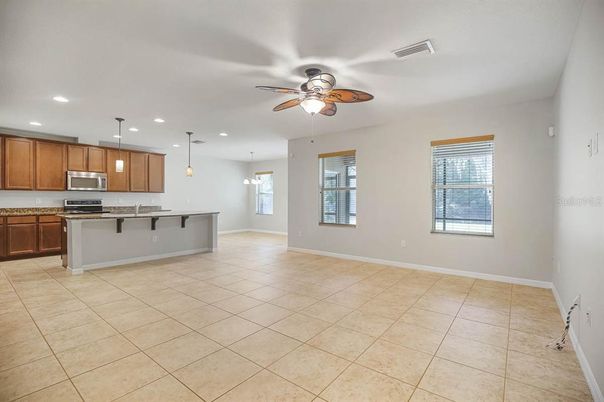 Empty room, Interior, Kitchen, Pendant Lights, Recessed Lighting, Stainless Steel Appliances