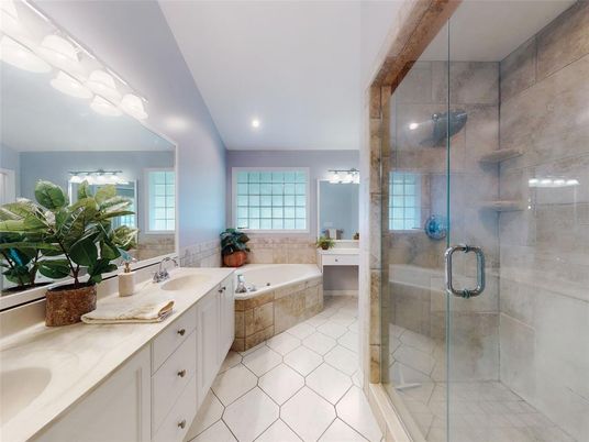 Bathroom, Dual Sink Vanities, Glass Shower, Interior, Recessed Lighting